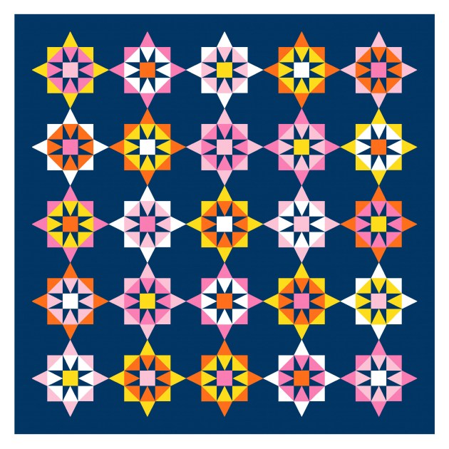A quilt design with a 5 by 5 layout of the same block coloured differently. The colour palette is yellow, orange, light pink, dark pink and white, all against a dark blue background. The block features a star within a star, both of which are made using basic geometric shapes.